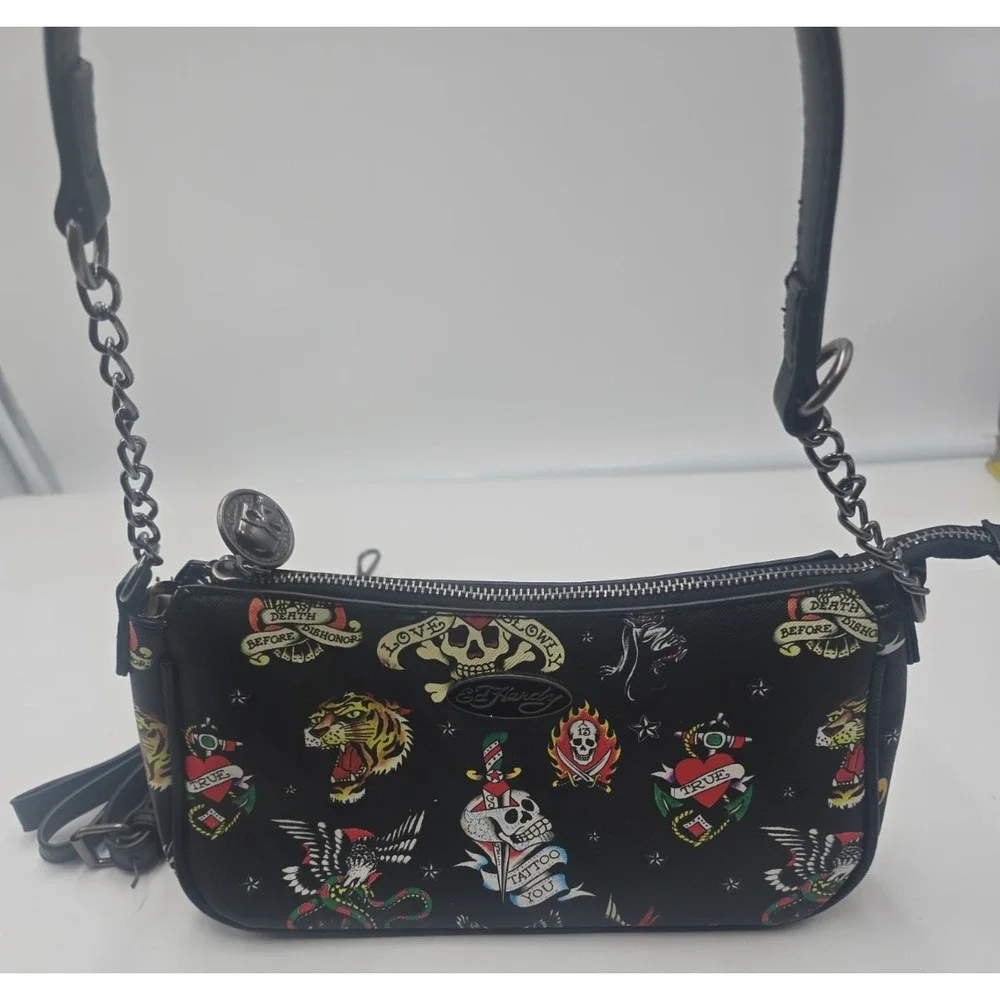 Ed Hardy Black Shoulder Crossbody Bag with Charms Love Kills Slowly Skull Tattoo